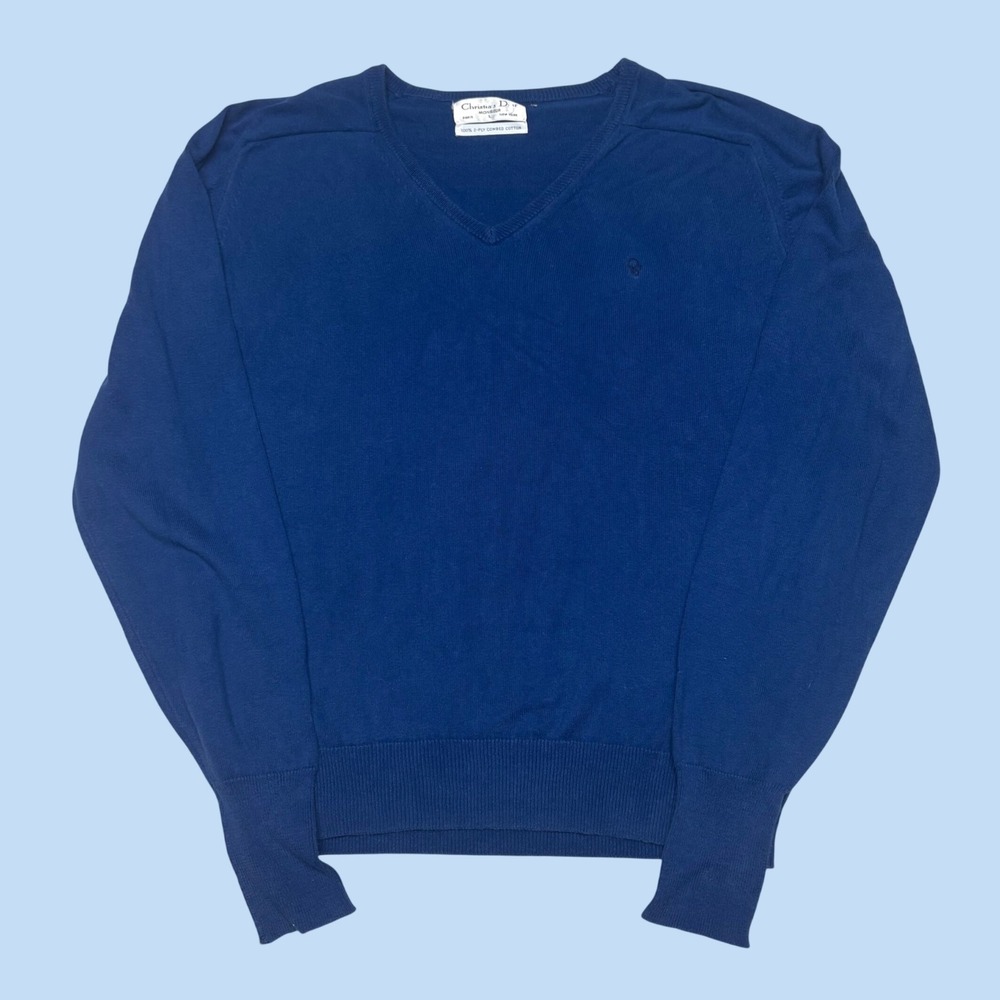 Christian Dior Monsieur Blue V-Neck Sweater 100% Combed Cotton Mens Large